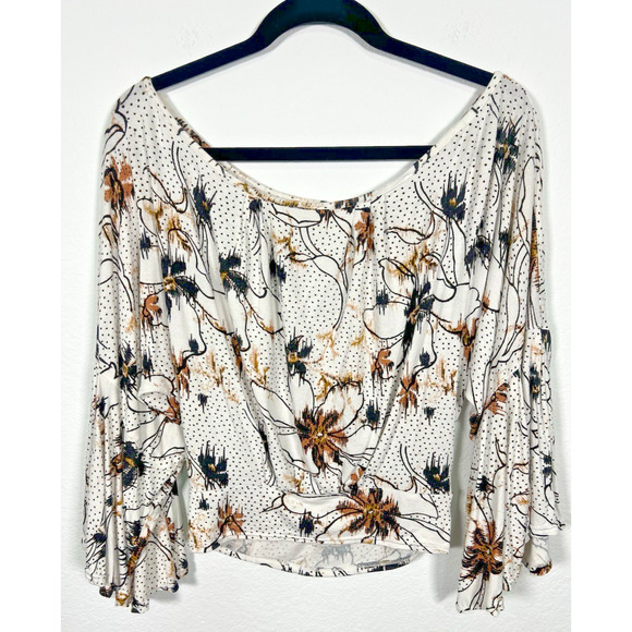 Free People MEDIUM Last Time FLORAL Printed Draped Bell-Sleeve BOHO Top  Ivory - Picture 3 of 8